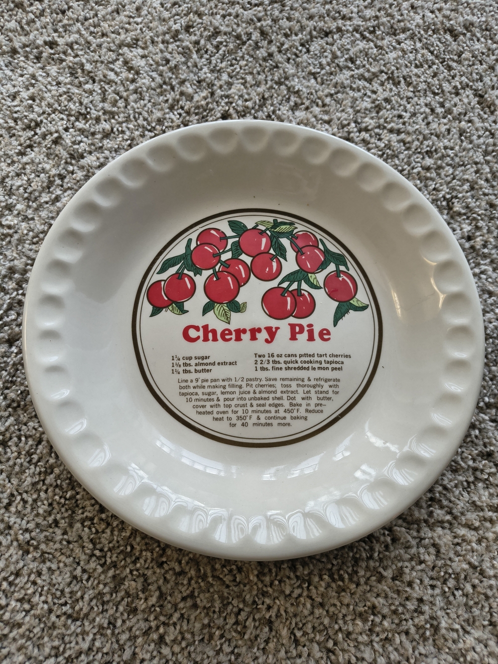 Vintage White Cherry Pie Ceramic Baking Dish - Decorative Recipe Plate